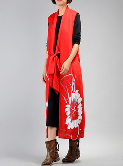 Red Casual Floral Belted Long Vest
