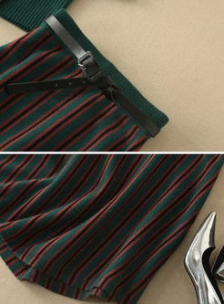 Elegant Belted Knitted V-neck Sweater & Striped Knee Length Skirt 