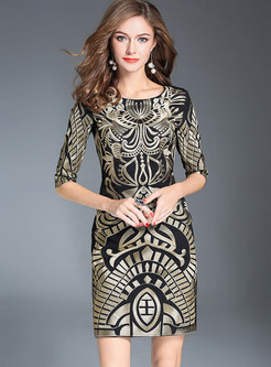 Black Ethnic Embroidery O-neck Bodycon Dress