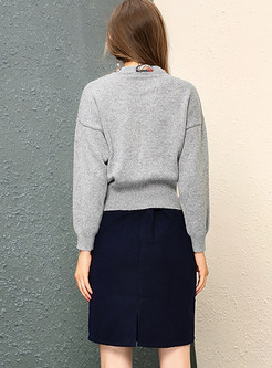 Stylish Grey Scarf Design Sweater & Deep Blue With Packets Skirt