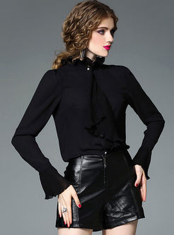 Brief Stand Collar Flare Sleeve Blouse