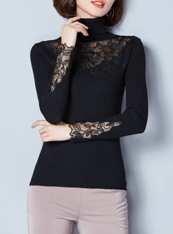Lace Splicing Turtle Neck Slim Knitted T-Shirt