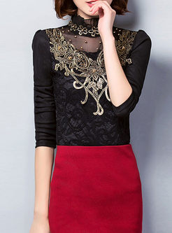 Vintage Lace Embroidery Turtle Neck Top