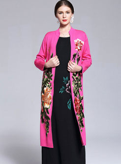 Ethnic Embroidery Long Sleeve Wool Knitted Coat