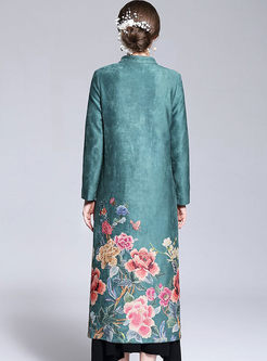 Vintage Floral Print Suede Long Sleeve Trench Coat