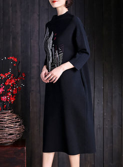 Vintage Loose Embroidery Three Quarters Sleeve Knitted Dress