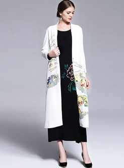 White Vintage Embroidery Long Sleeve Coat