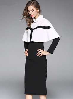 Brief Monochrome Stand Collar Bodycon Dress With Kimono