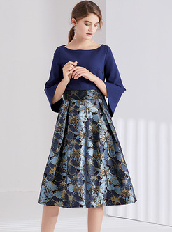 Elegant Floral Print Flare Sleeve A-line Dress