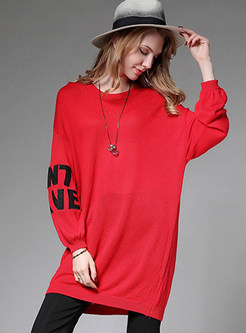 Red Brief Loose O-neck Letter Print Sweater