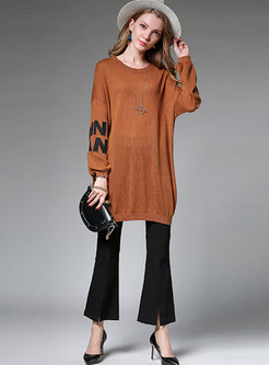 Coffee Brief Loose O-neck Letter Print Knitted Dress