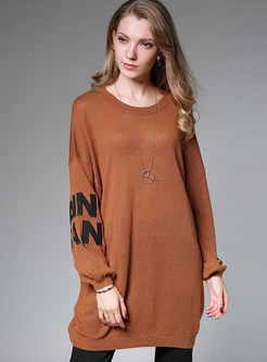 Coffee Brief Loose O-neck Letter Print Knitted Dress