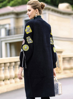 Black Street Single-breasted Embroidery Knitted Coat