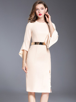 Elegant Flare Sleeve Buttoned Bodycon Dress