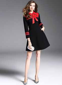 Street Tied-collar Color-blocked A-line Dress
