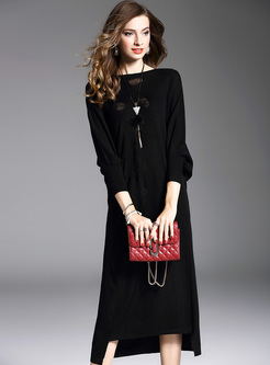 Black Hollow Asymmetric Hem Knitted Dress