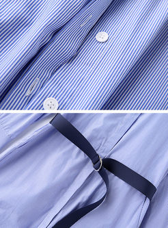 Blue Turn Down Collar Flare Sleeve Belt Striped Shirt Dress