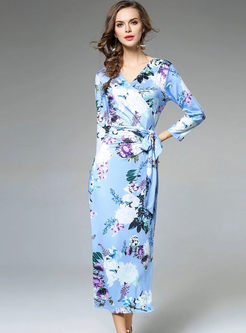 Bohemian Floral Print V-neck Belt Maxi Dress