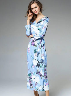 Bohemian Floral Print V-neck Belt Maxi Dress