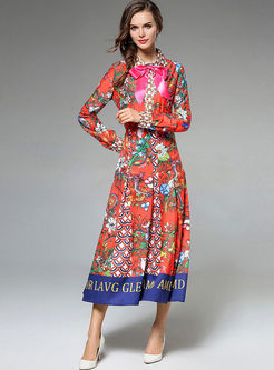 Floral Print Bowknot Lantern Sleeve Maxi Dress