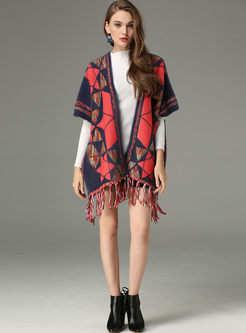 Stylish Rhombus Plaid Tassel Short Sleeve Kimono