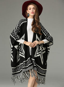 Black Star Jacquard Tassel Loose Kimono