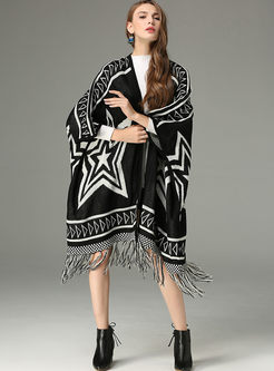 Black Star Jacquard Tassel Loose Kimono