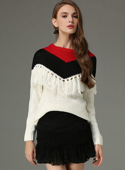 Sweet Tassel Hollow Out Hit Color Sweater