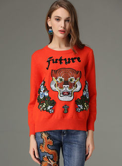 Sequins Animal Embroidery Long Sleeve Sweater