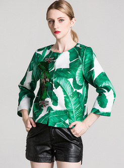 Chic Green Leaf Print Short Coat