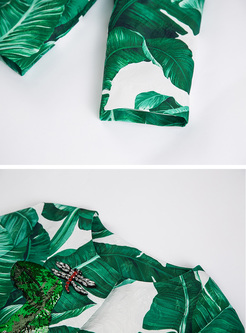 Chic Green Leaf Print Short Coat