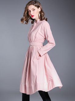 Pink Brief Stand Collar Belted Trench Coat