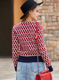 Cute Plaid Splicing Long Sleeve Knitted Sweater