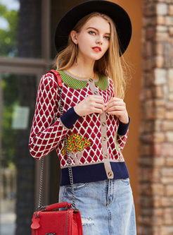 Cute Plaid Splicing Long Sleeve Knitted Sweater