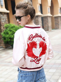 Pink Embroidery Stand Collar Long Sleeve Jacket