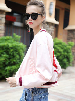 Pink Embroidery Stand Collar Long Sleeve Jacket