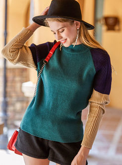 Hit Color Stitching Long Sleeve Knitted Sweater