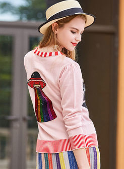 Pink Animal Design Embroidery Sequins Knitted Sweater