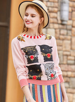 Pink Animal Design Embroidery Sequins Knitted Sweater