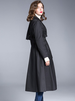 Black Street Embroidery Hollow Slim Trench Coat