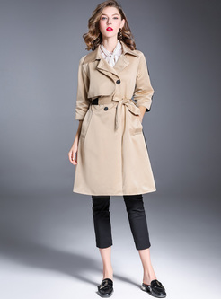Chic Color-blocked Notched Neck Trench Coat