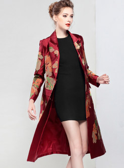 Red Ethnic Embroidery Turn Down Collar Coat 