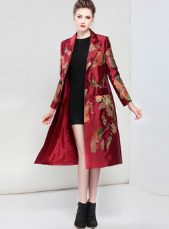 Red Ethnic Embroidery Turn Down Collar Coat 