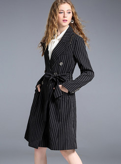 Brief Vertical Striped Double-breasted Turn Down Collar Coat