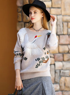 Crane Embroidery Long Sleeve Knitted Sweater