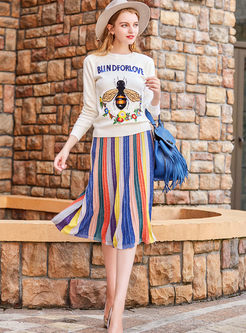 Stylish Colorful Striped Elastic Waist Skirt