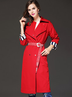Elegant Red Tie Waist Double-breasted Trench Coat