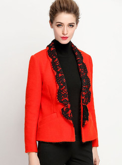 Stylish Red Lace-detail Notched Blazer