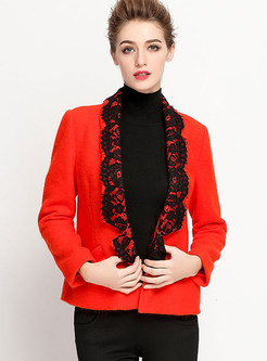 Stylish Red Lace-detail Notched Blazer