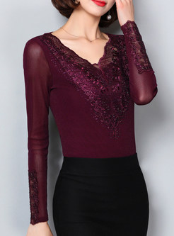 Wine Red Sexy Lace Embellished V-neck T-shirt